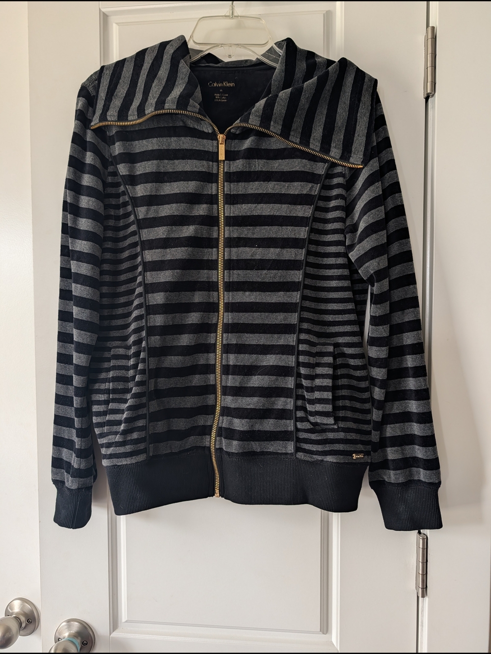 Calvin Klein Striped Zip-Up Soft Hoodie - Black & Gray & Gold Zipper